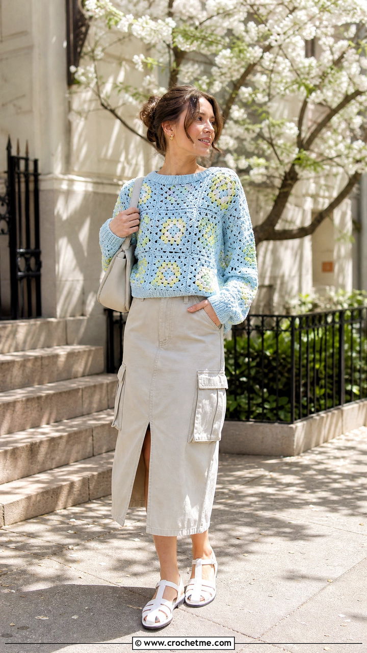 Pastel Big Granny Square Sweater With Cargo Midi Skirt - 35 big granny square sweater outfit ideas