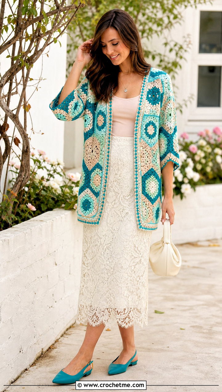 Pastel Color Block Hex Crochet Cardigan With Lace Midi Skirt - 35 hex crochet cardigan outfit ideas