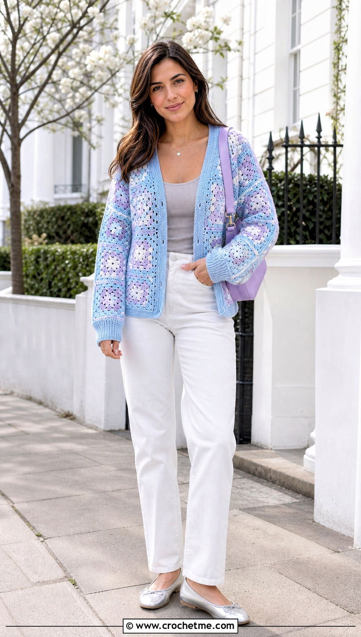 Pastel Cotton Granny Square Cardigan With White Denim - 25 cotton granny square cardigan outfit ideas