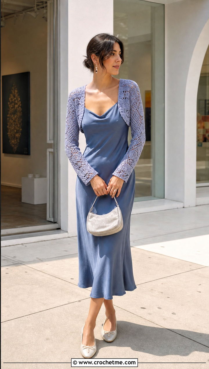 Pastel Crochet Bolero With Slip Dress And Ballet Flats - 15 Pastel Crochet Clothing Design outfit ideas
