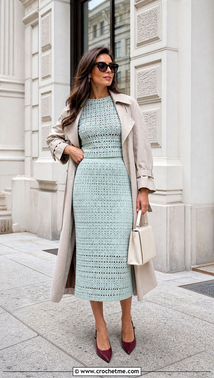 Pastel Crochet Co Ord Set With Trench Coat And Slingback Heels - 15 Pastel Crochet Clothing Design outfit ideas