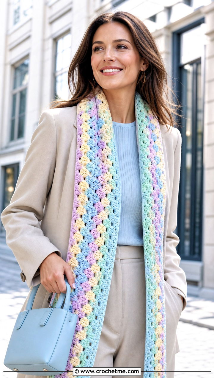 Pastel Crochet Granny Stitch Scarf With Spring Suit - 30 crochet granny stitch scarf outfit ideas