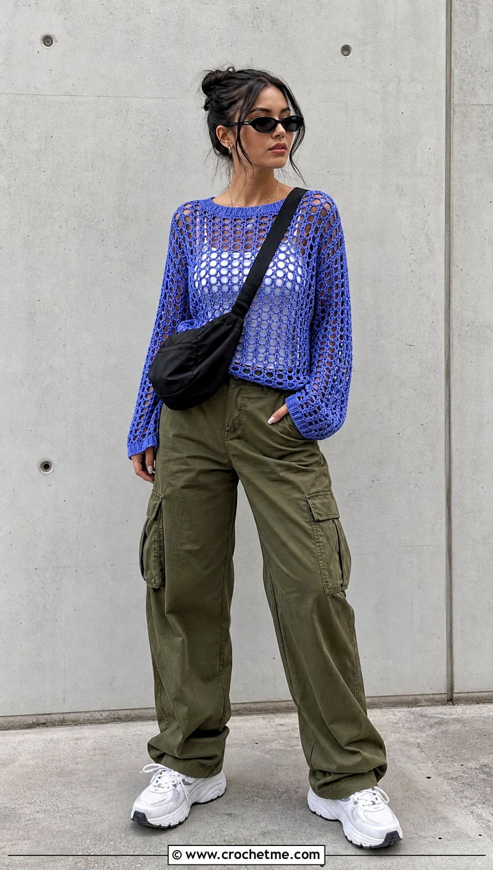 Pastel Crochet Mesh Top With Cargo Pants - 25 Pastel Crochet Clothes and outfit ideas