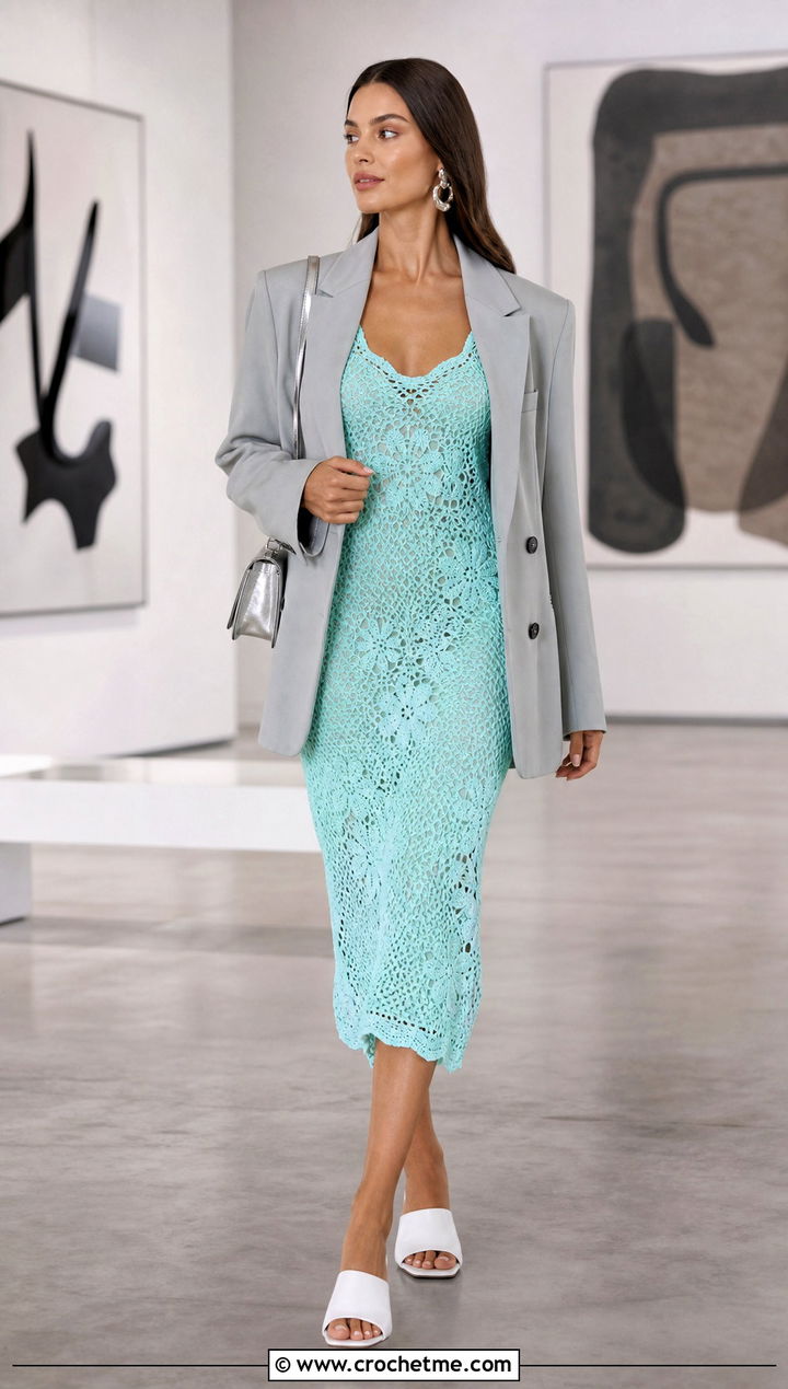 Pastel Crochet Midi Dress With Oversized Blazer - 15 Pastel Crochet Clothing Design outfit ideas