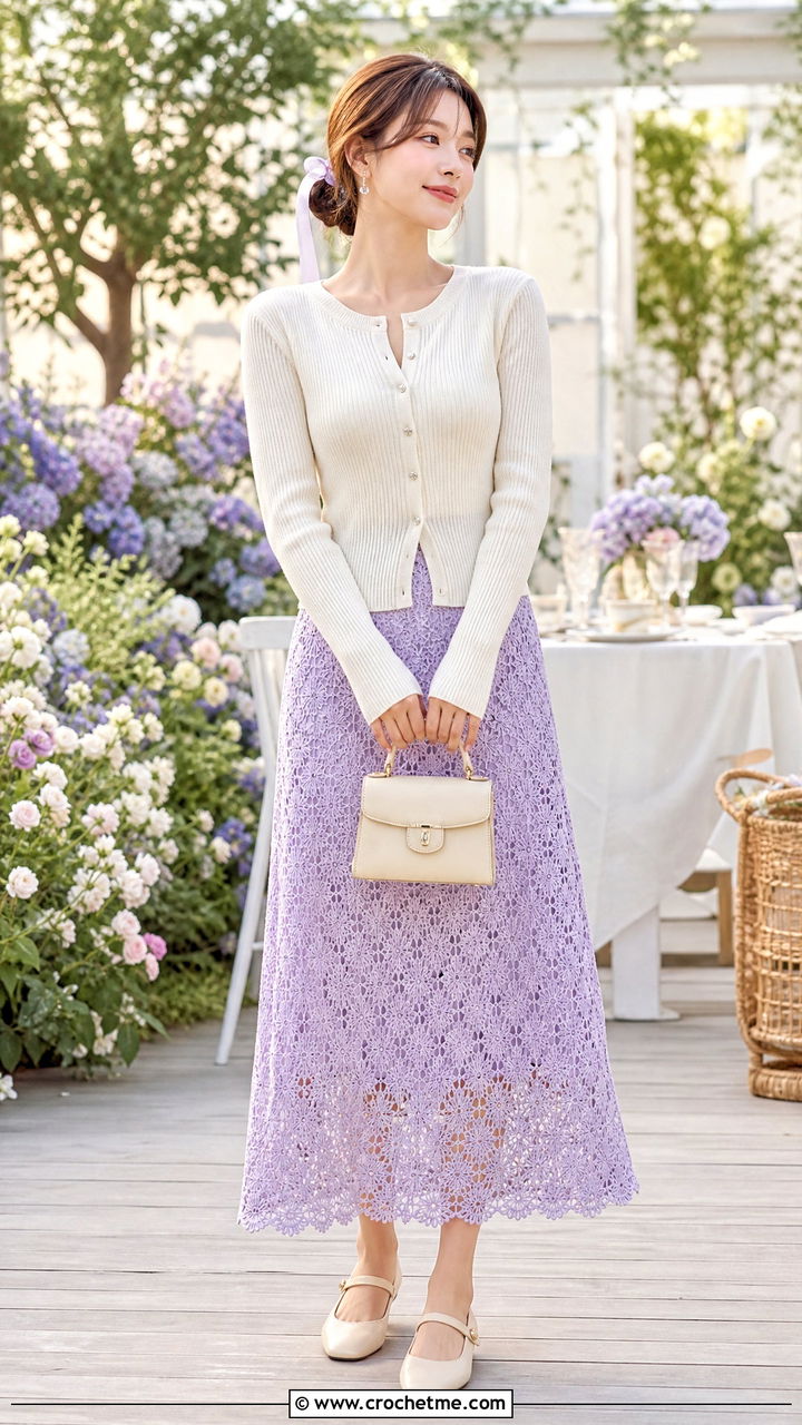 Pastel Crochet Midi Skirt Romantic Outfit - 35 crochet skirt outfit ideas
