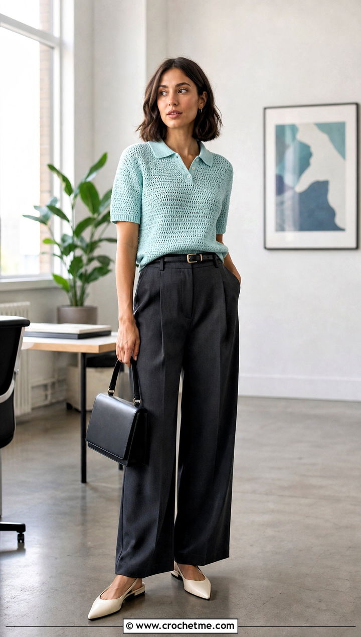 Pastel Crochet Polo With Tailored Trousers - 25 Pastel Crochet Clothes and outfit ideas