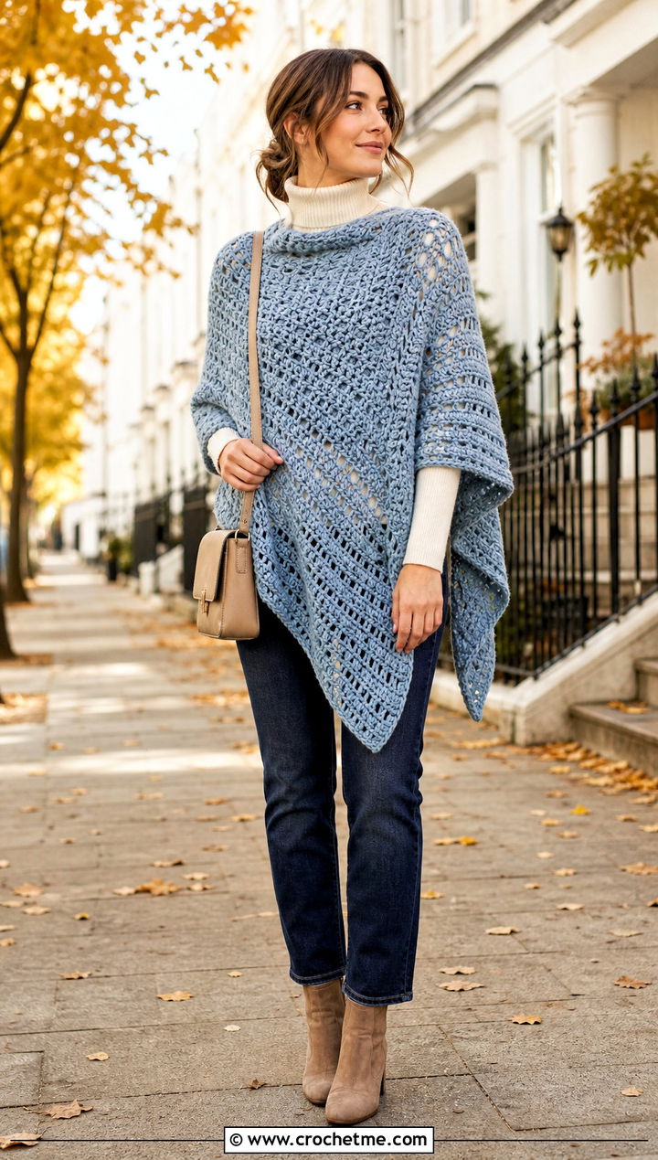 Pastel Crochet Poncho With Slim Jeans - 25 Pastel Crochet Clothes and outfit ideas