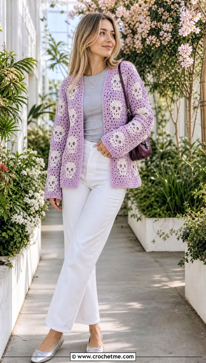 Pastel Crochet Skull Granny Square Cardigan With White Jeans - 25 crochet skull granny square cardigan outfit ideas