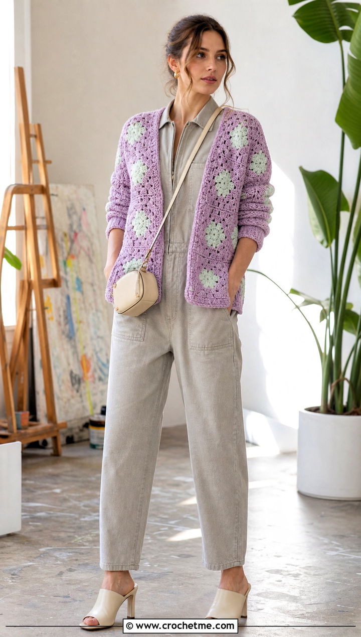 Pastel Crochet Star Granny Square Cardigan With Utility Jumpsuit - 25 Crochet Star Granny Square Cardigan outfit ideas