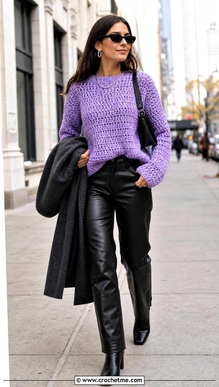 Pastel Crochet Sweater With Leather Pants - 25 Pastel Crochet Clothes and outfit ideas