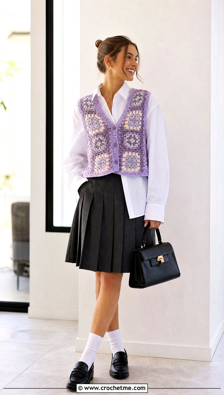 Pastel Crochet Vest With White Shirt And Pleated Skirt - 15 Pastel Crochet Clothing Design outfit ideas