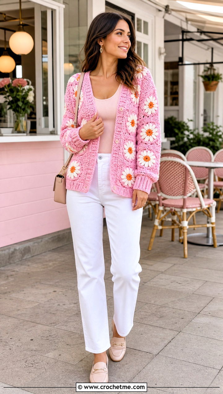 Pastel Daisy Granny Square Cardigan With White Denim - 25 Daisy Granny Square Cardigan outfit ideas