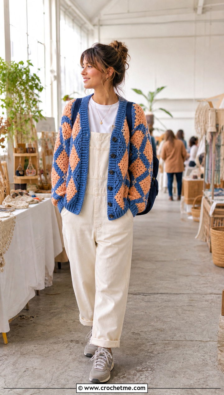 Pastel Diamond Howl Crochet Cardigan With Overalls - 25 Howl Crochet Cardigan outfit ideas