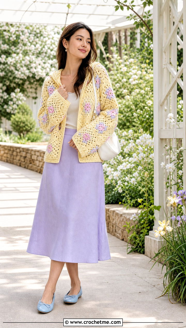 Pastel Floral Granny Square Hooded Cardigan With Midi Skirt - 25 Granny Square Hooded Cardigan outfit ideas
