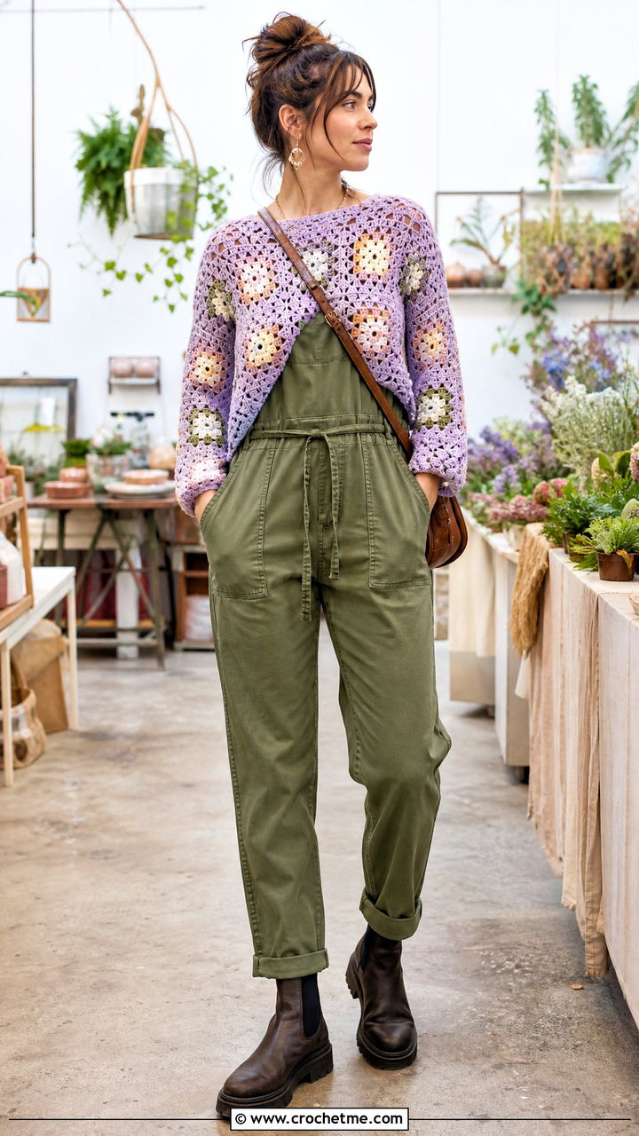 Pastel Floral Granny Square Jumper With Utility Jumpsuit - 35 crochet granny square jumper outfit ideas