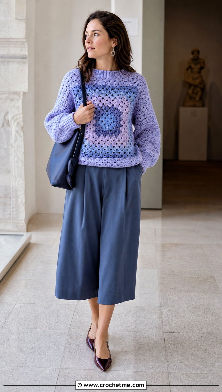 Pastel Giant Granny Square Sweater With Culottes - 30 giant granny square sweater outfit ideas
