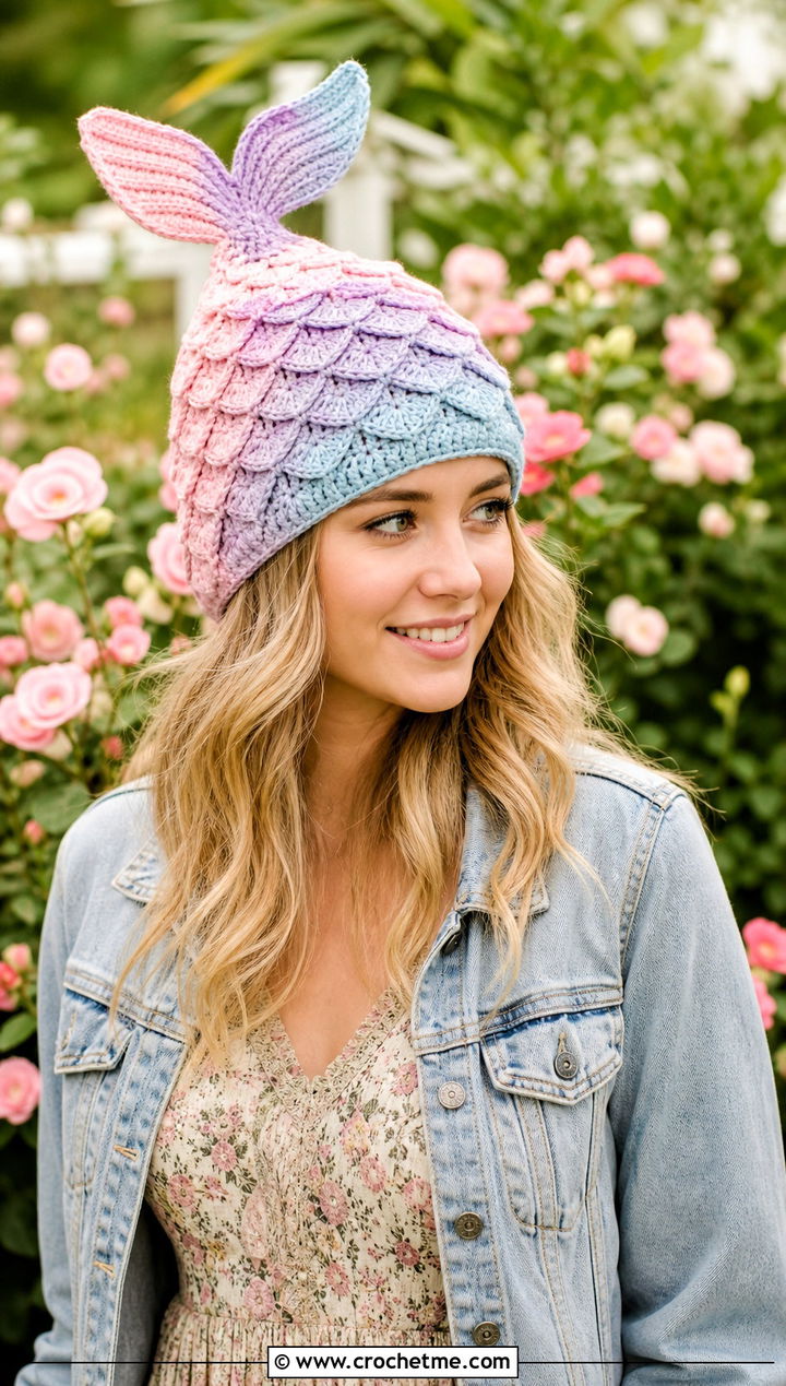 Pastel Gradient Mermaid Tail Crochet Hat With Prairie Dress - 15 Mermaid Tail Crochet Hat outfit ideas