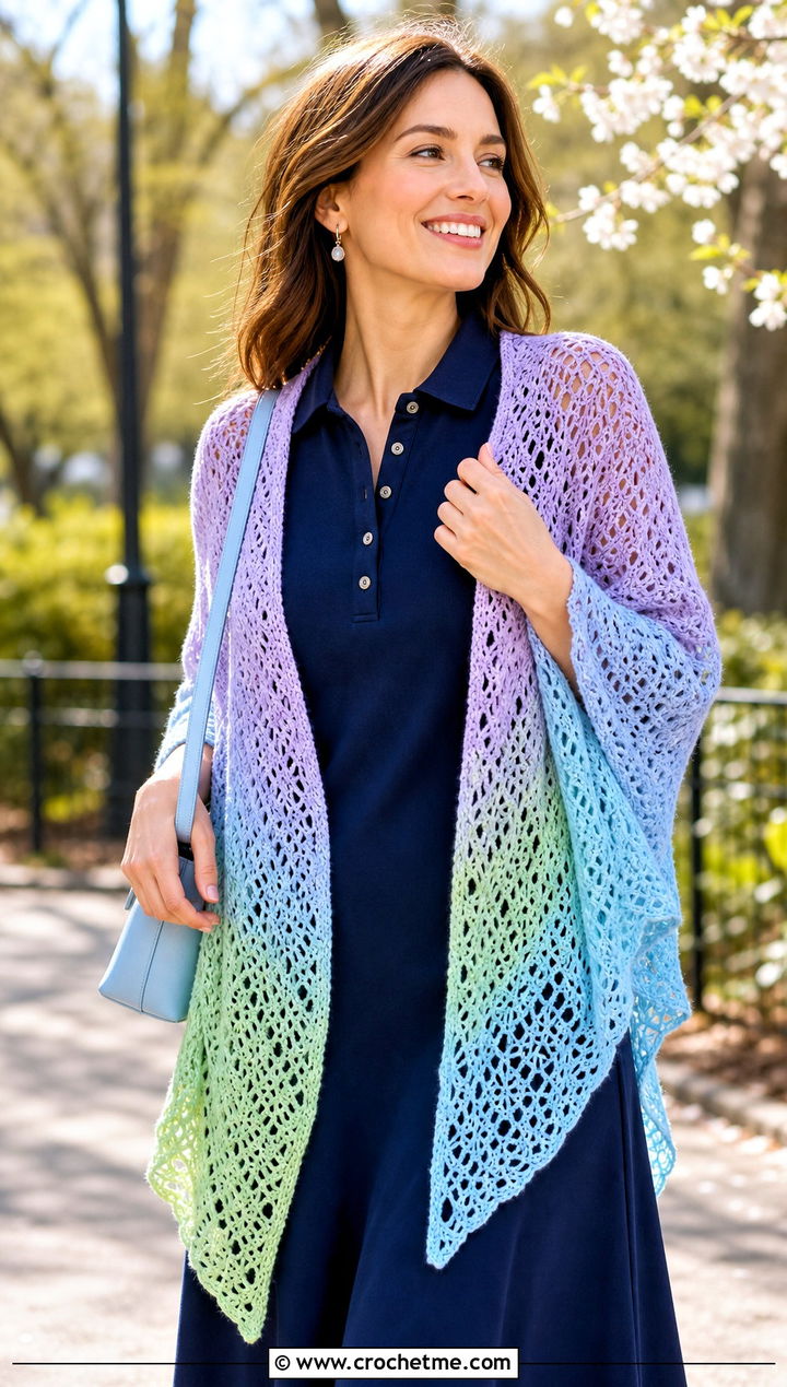 Pastel Gradient Virus Shawl With Polo Dress - 35 crochet virus shawl outfit ideas
