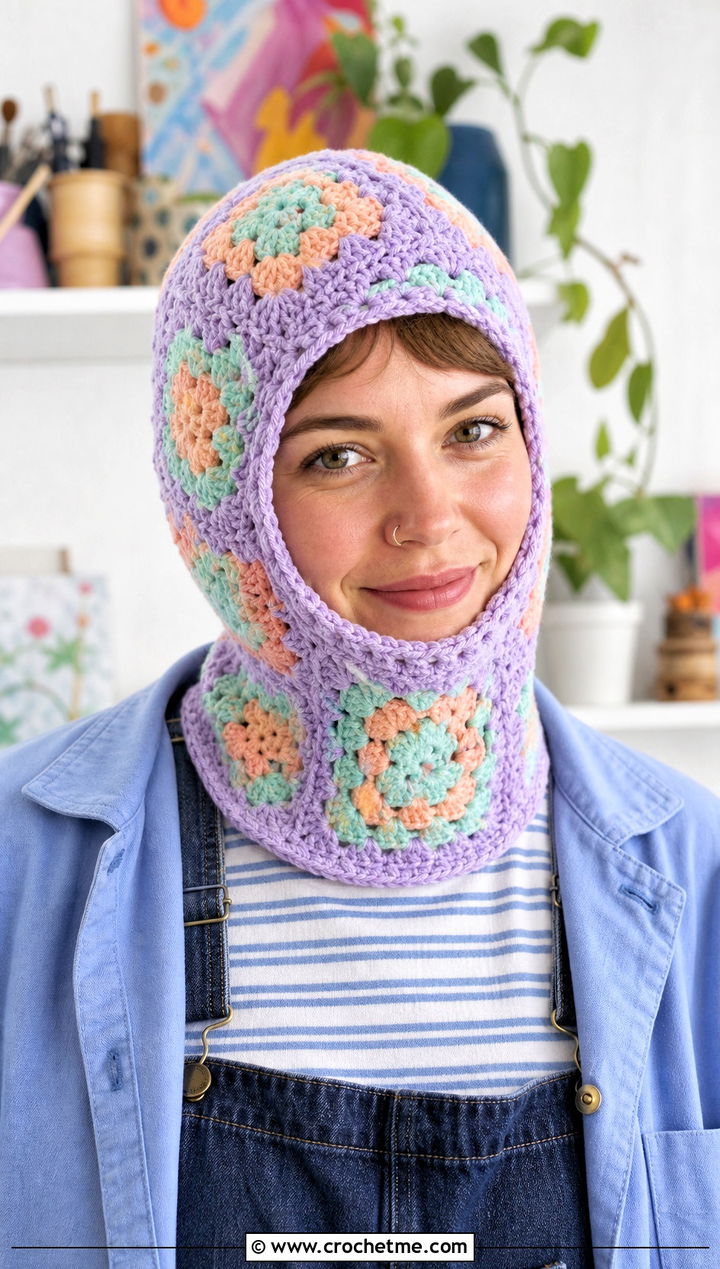 Pastel Granny Square Balaclava With Chore Jacket - 30 crochet granny square balaclava outfit ideas