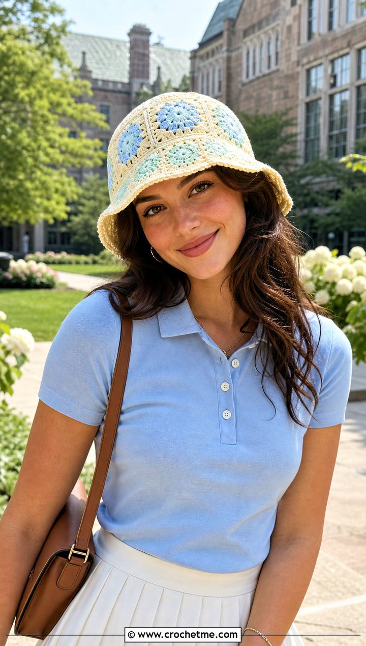 Pastel Granny Square Bucket Hat With Polo And Pleated Skirt - 25 granny crochet bucket hat outfit ideas