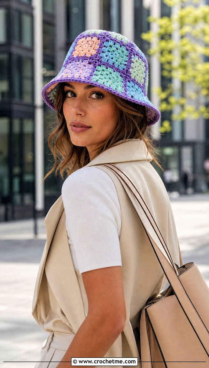 Pastel Granny Square Bucket Hat With Trench Vest - 30 crochet square hat outfit ideas