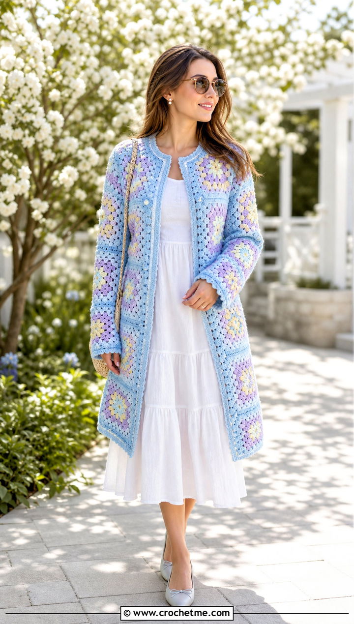 Pastel Granny Square Car Coat With White Midi Dress - 15 Granny Square Car Coat outfit ideas