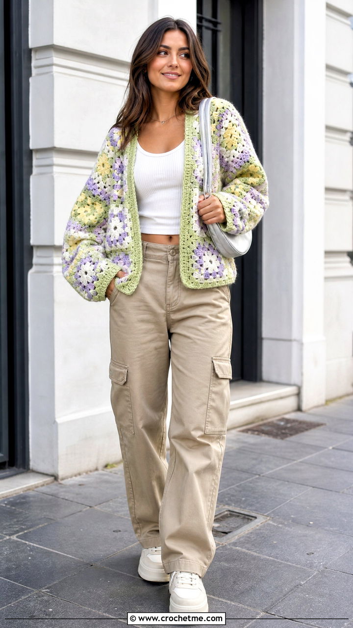 Pastel Granny Square Cardigan With Cargo Pants - 35 crochet granny square cardigan outfit ideas