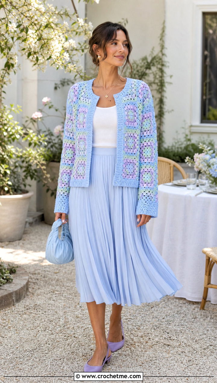 Pastel Granny Square Cardigan With Pleated Midi Skirt - 30 granny squares cardigan outfit ideas