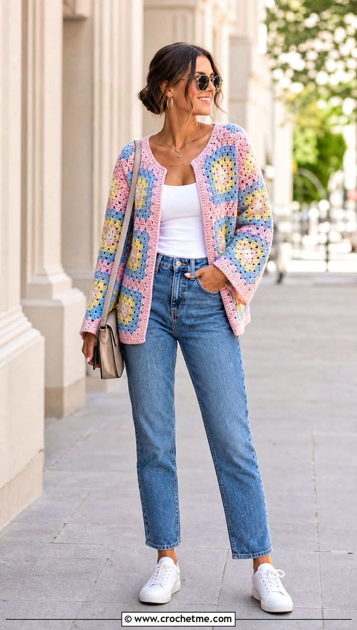 Pastel Granny Square Cardigan With Straight Leg Jeans - 15 Pastel Crochet Clothing Design outfit ideas