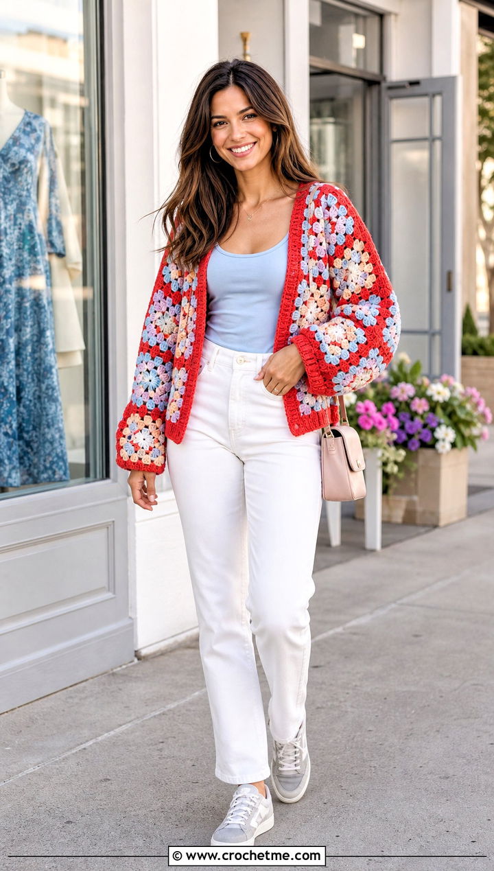 Pastel Granny Square Cardigan With White Denim - 25 One Granny Square Cardigan outfit ideas