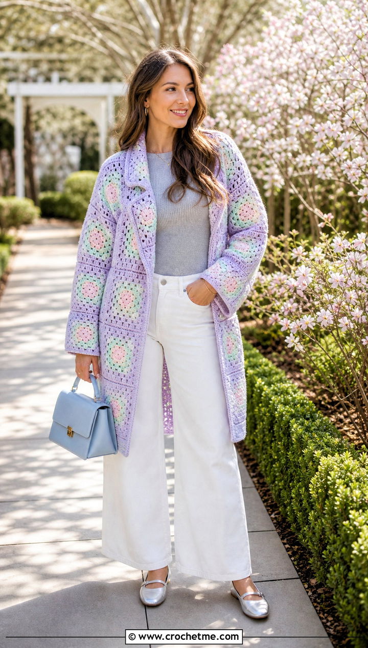 Pastel Granny Square Coat With White Jeans - 30 granny square coat outfit ideas