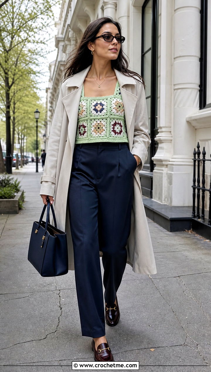 Pastel Granny Square Crochet Tank Top With A Trench Coat - 25 Granny Square Crochet Tank Top outfit ideas