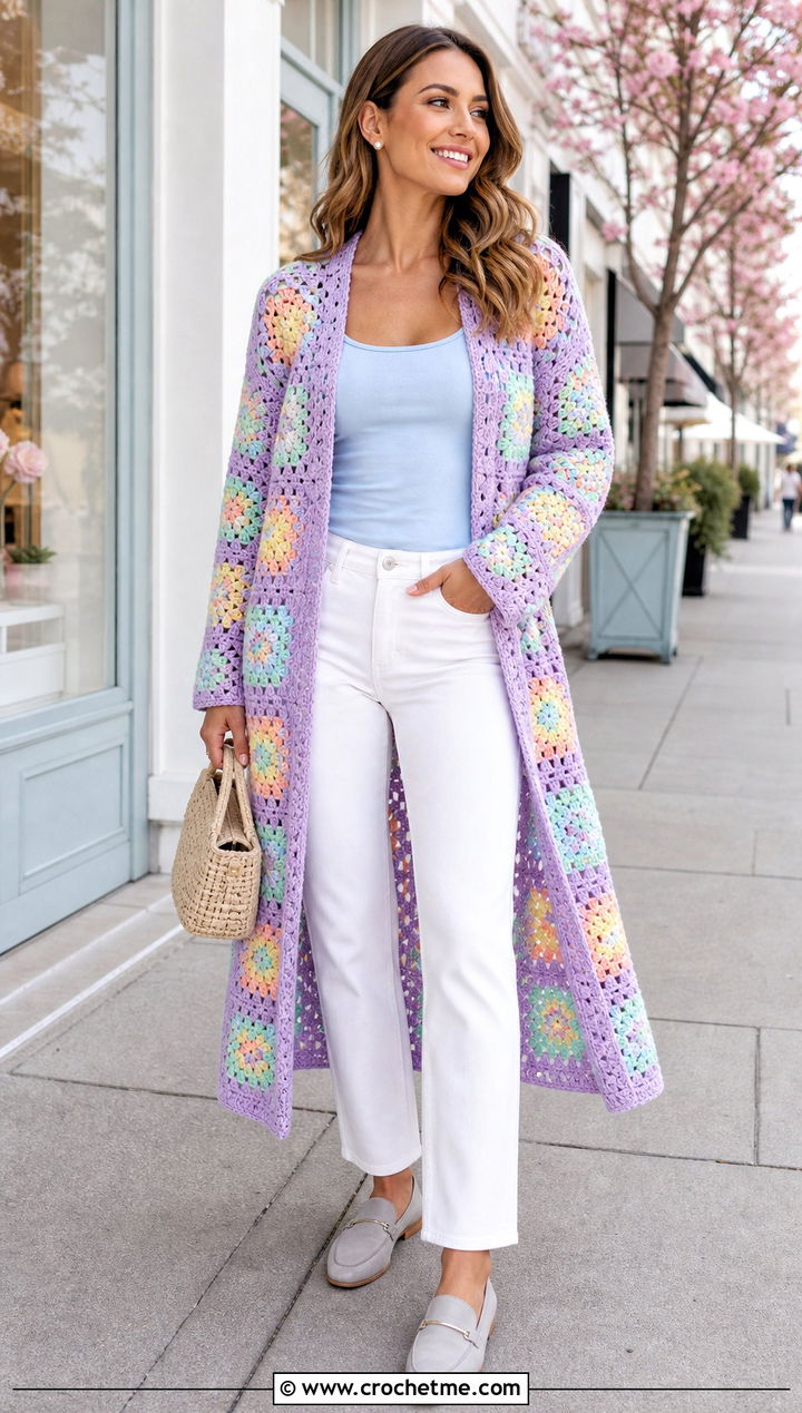 Pastel Granny Square Duster With White Denim - 35 granny square duster outfit ideas