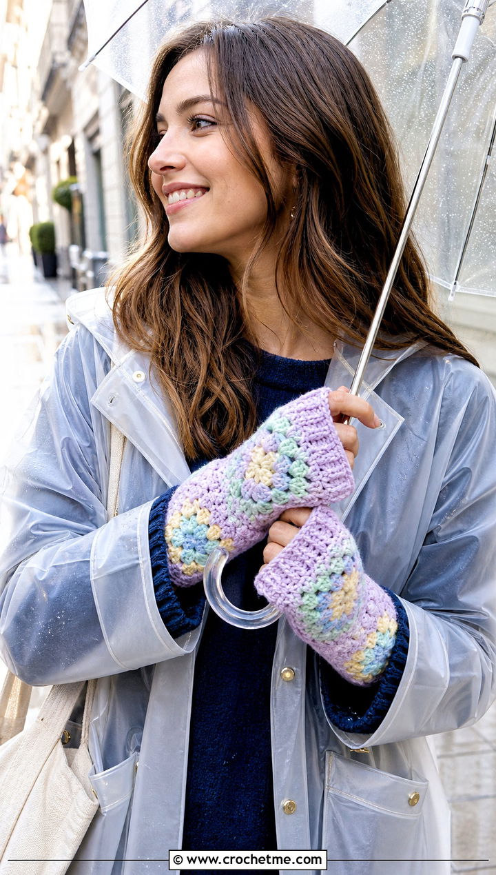 Pastel Granny Square Fingerless Gloves With Raincoat - 30 crochet granny square fingerless gloves outfit ideas