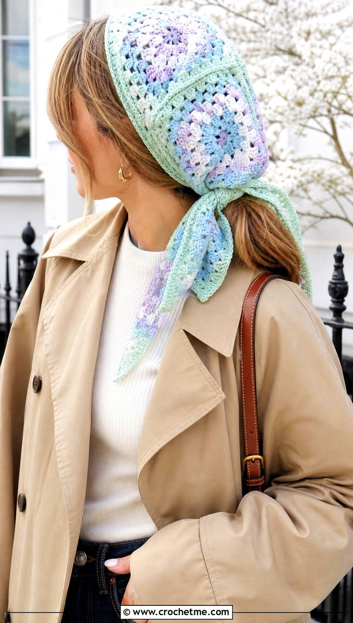 Pastel Granny Square Hair Scarf With Trench Coat And Straight Jeans - 25 granny square hair scarf outfit ideas