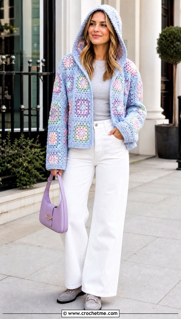 Pastel Granny Square Hooded Jacket With White Denim - 25 Granny Square Hooded Jacket outfit ideas