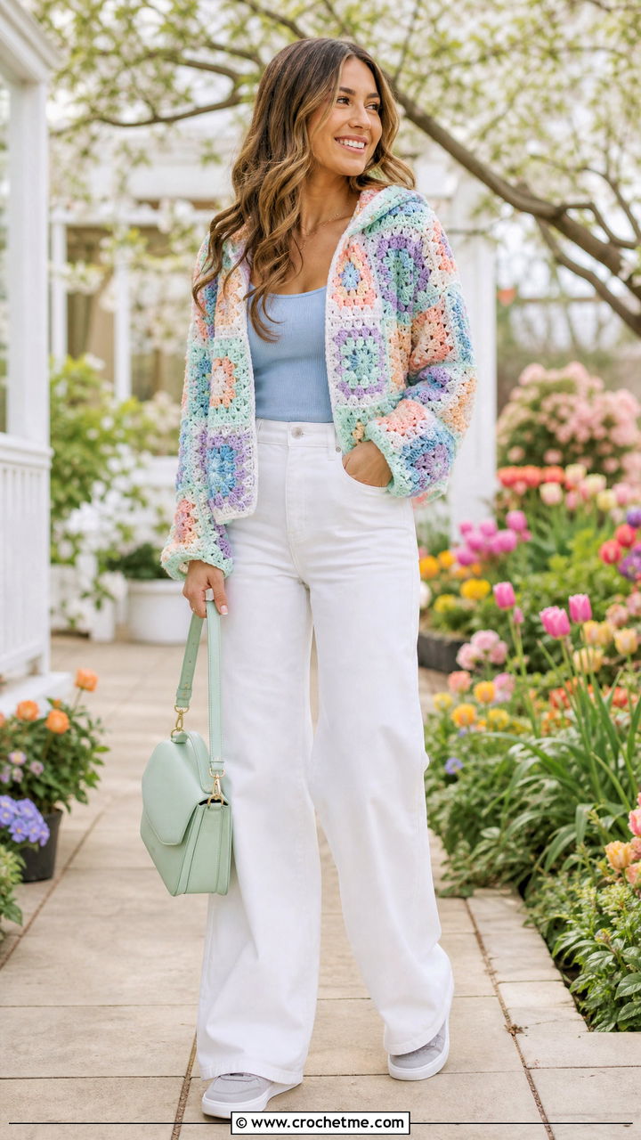 Pastel Granny Square Hoodie With White Jeans - 35 granny square hoodie outfit ideas