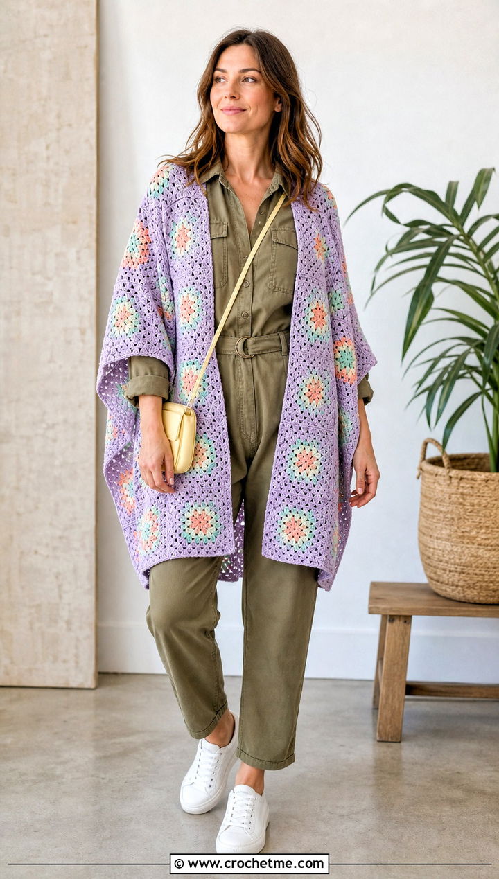 Pastel Granny Square Ruana With Utility Jumpsuit - 25 Granny Square Ruana outfit ideas