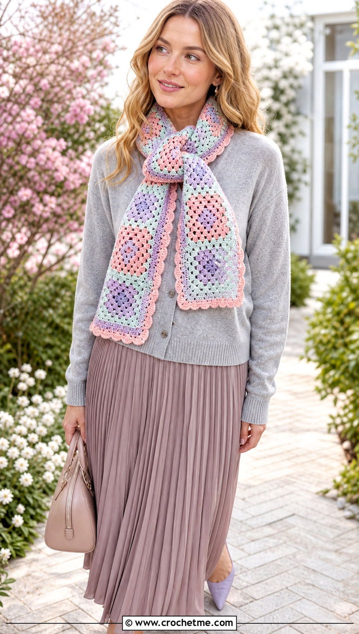 Pastel Granny Square Scarf With Cardigan And Pleated Skirt - 30 crochet granny square scarf outfit ideas
