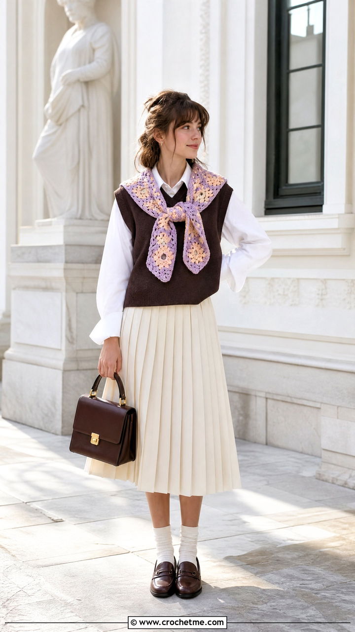 Pastel Granny Square Scarf With Sweater Vest And Pleated Skirt - 35 granny square scarf outfit ideas