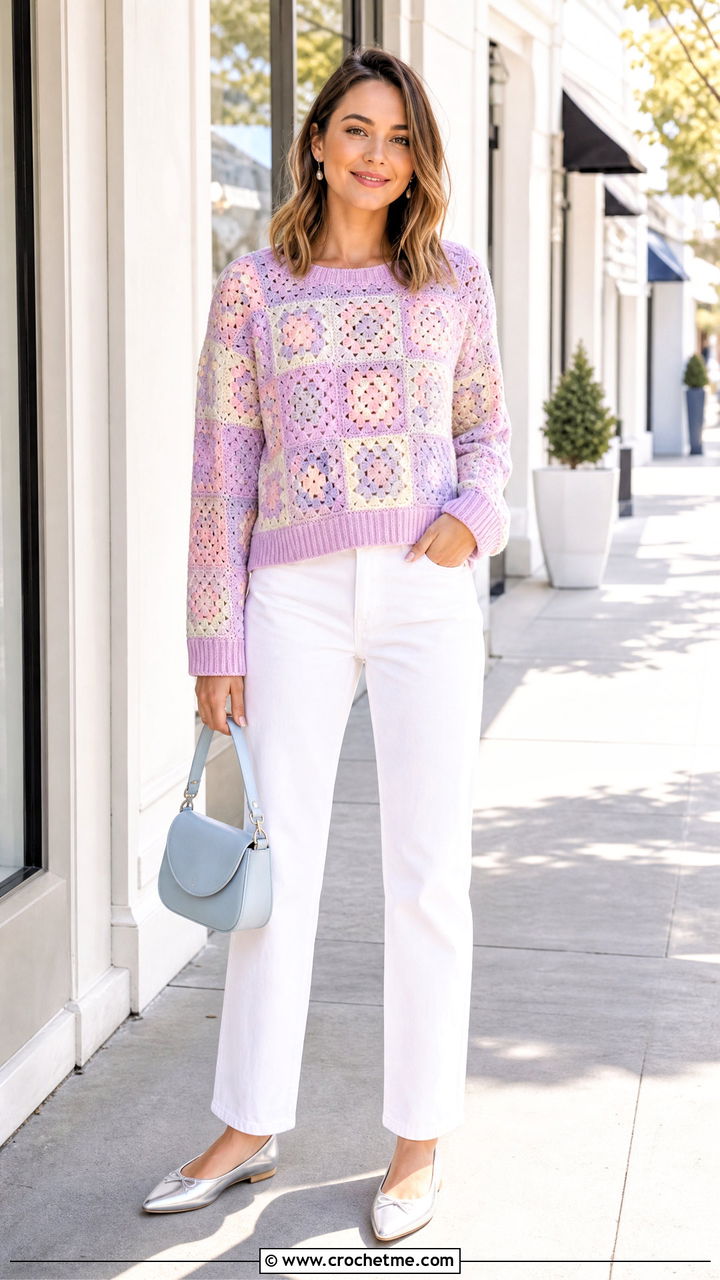 Pastel Granny Square Sweater With White Jeans - 35 granny square sweater outfit ideas