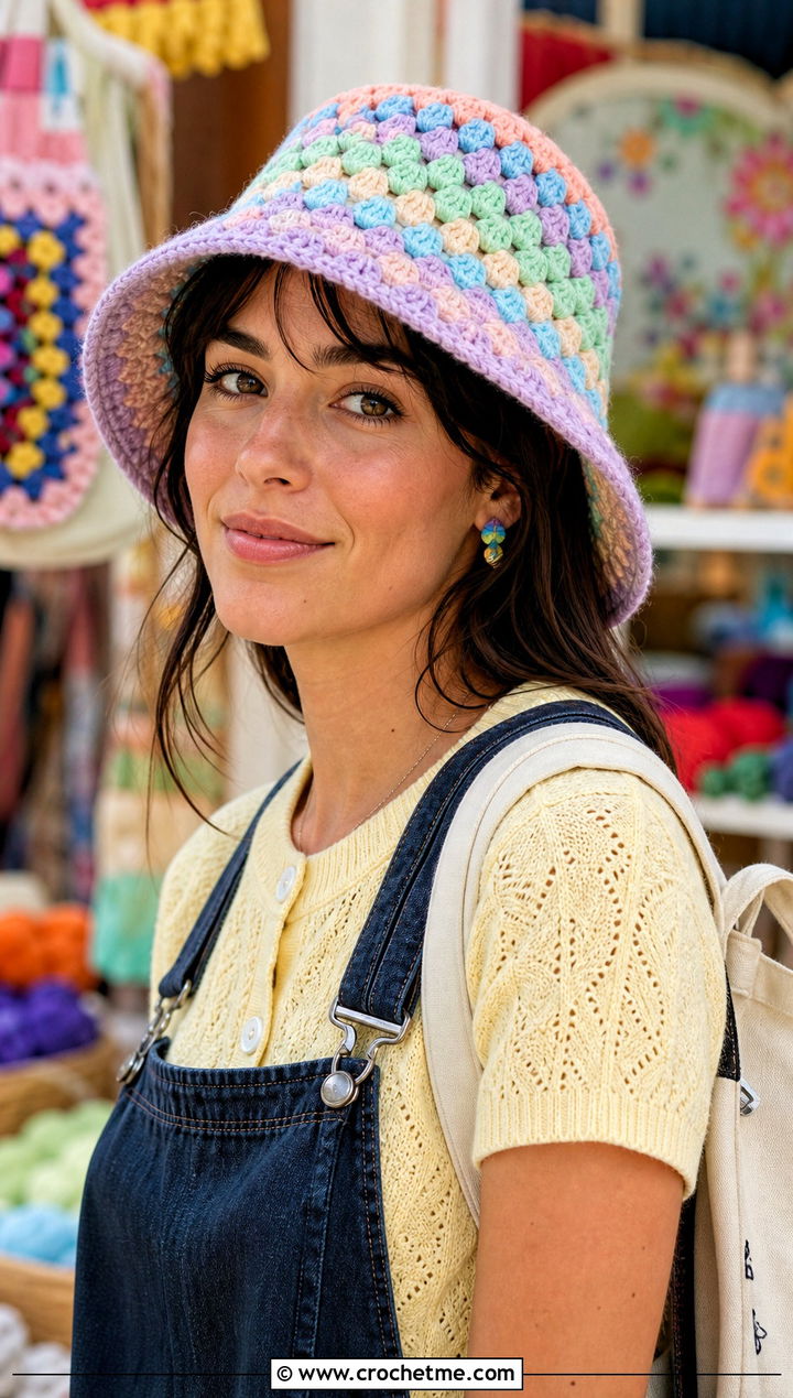 Pastel Granny Stitch Bucket Hat With Cardigan And Overalls - 30 crochet granny stitch bucket hat outfit ideas