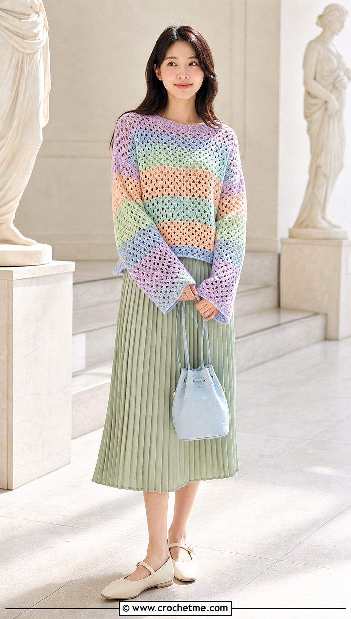 Pastel Granny Stripe Crochet Sweater With Pleated Midi Skirt - 25 Granny Stripe Crochet Sweater outfit ideas