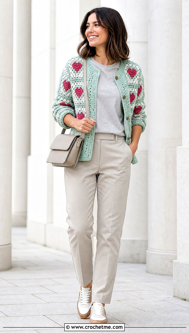 Pastel Heart Granny Square Cardigan With Stone Chinos - 35 Heart Granny Square Cardigan outfit ideas