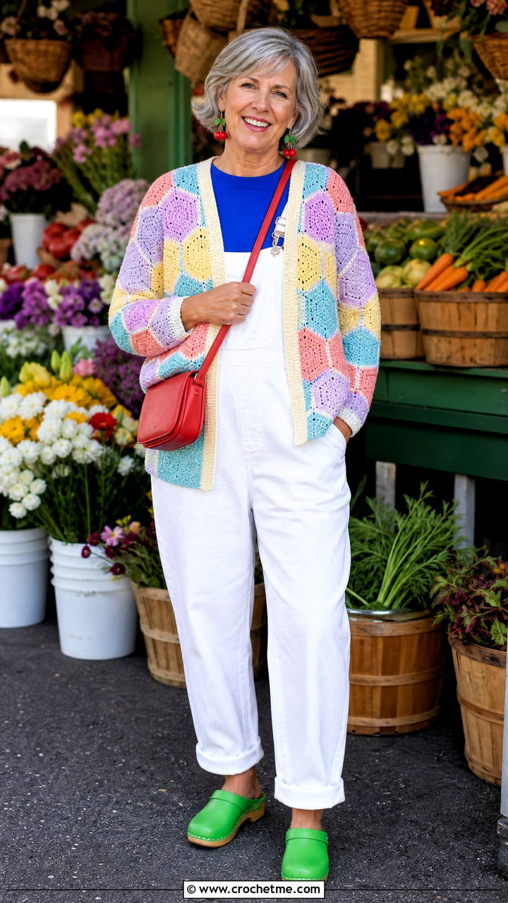 Pastel Hexagon Cardigan With White Overalls - 35 crochet hexagon cardigan outfit ideas