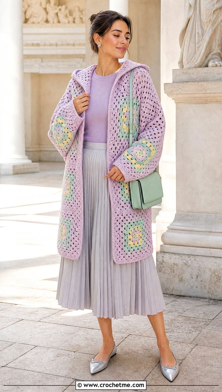 Pastel Hooded Granny Square Cardigan With Pleated Skirt - 30 granny square cardigan with hood outfit ideas