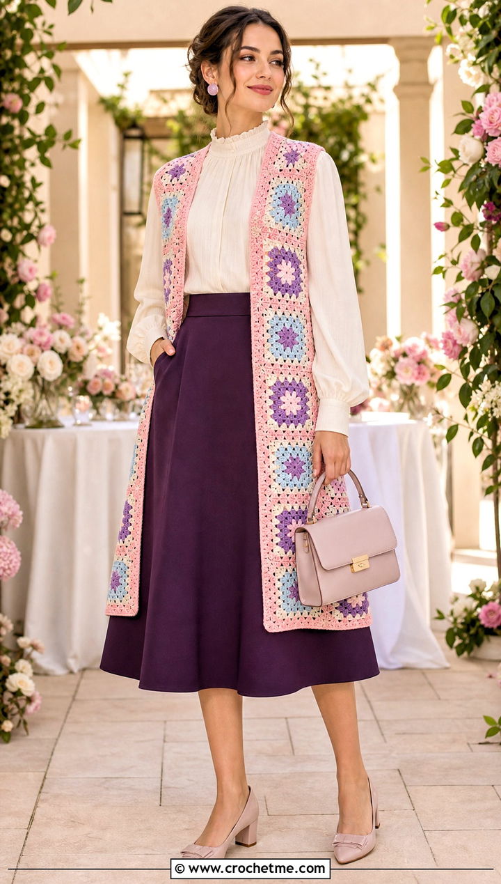Pastel Mosaic Granny Square Long Vest With Blouse And Midi Skirt - 20 Granny Square Long Vest outfit ideas