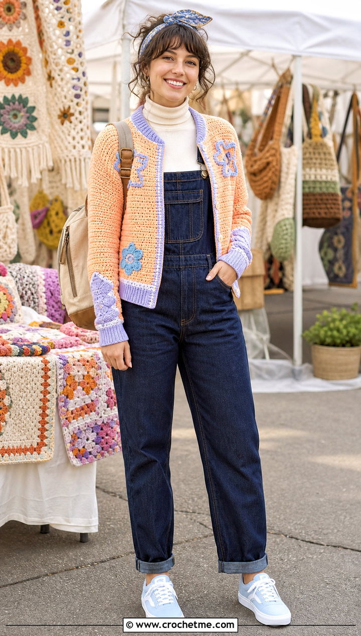 Pastel Motif Crochet Letterman Jacket With Denim Overalls - 30 crochet letterman jacket outfit ideas