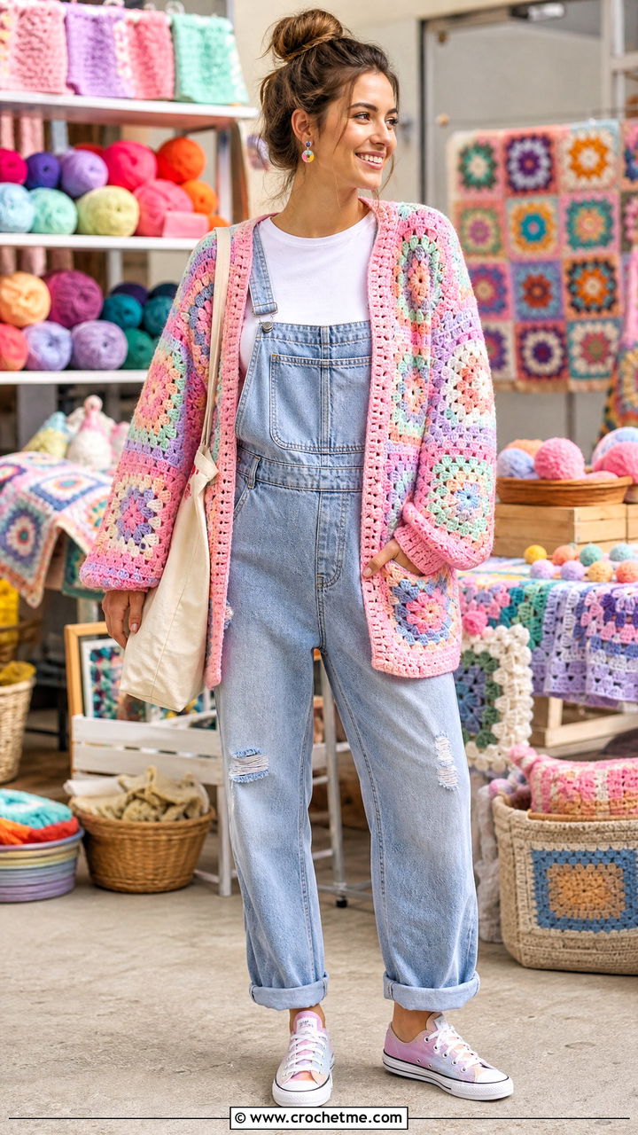 Pastel Multicolor Big Granny Square Cardigan With Overalls - 35 Big Granny Square Cardigan outfit ideas