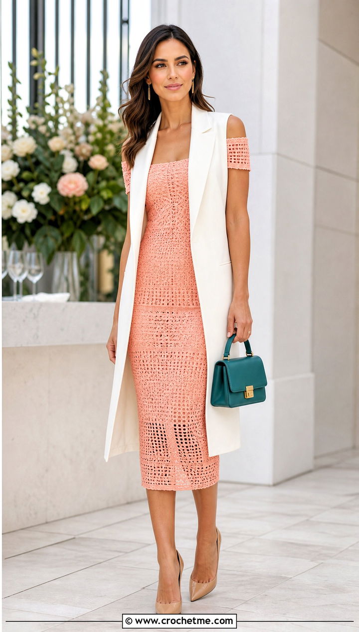 Pastel Off Shoulder Crochet Midi Dress With Tailored Vest - 15 Pastel Crochet Dress Design outfit ideas
